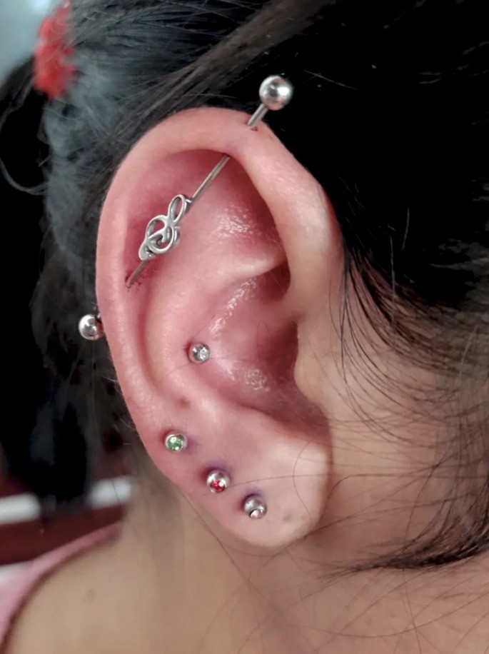 Oreja con perforación cruzada